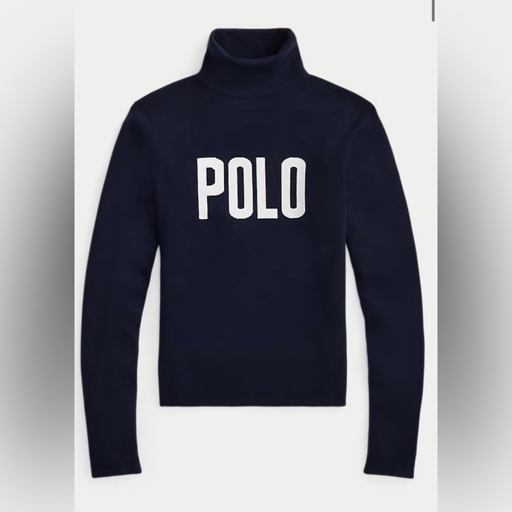 NWT Women’s Polo Ralph Lauren Logo Turtleneck Sweater in hunter navy, size large - Picture 2 of 15